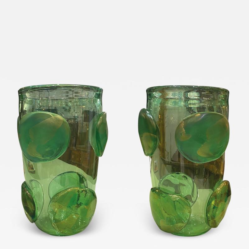 Carlo Colizza Pair of Colizza Green Murano Glass Disc Vases