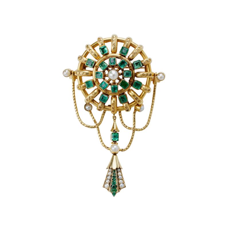 Carlo Giuliano Carlo Giuliano Renaissance Revival 18K Gold and Emerald Brooch