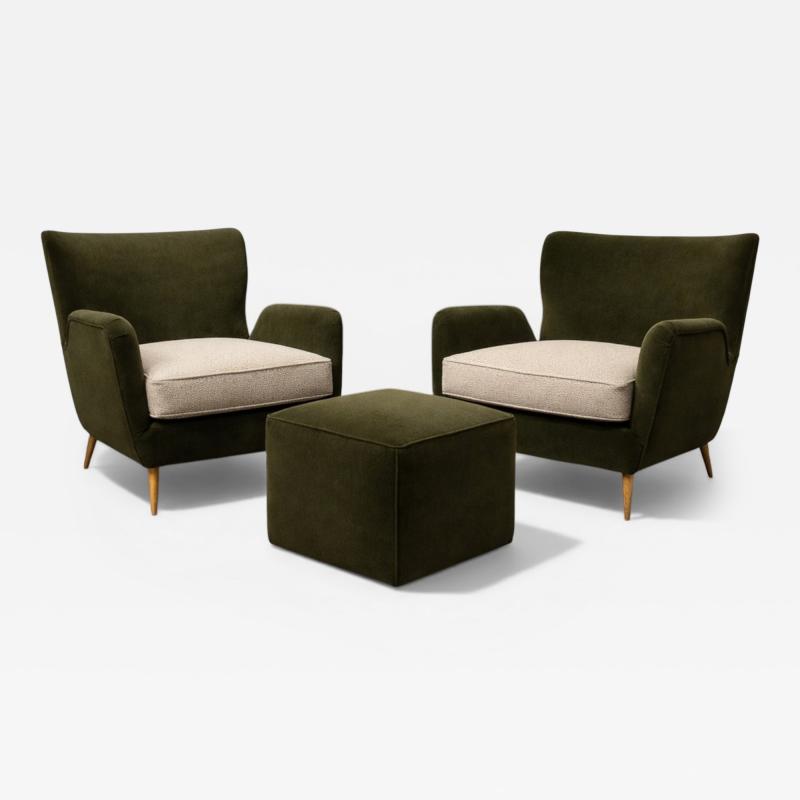 Carlo Hauner Armchairs with Pouf in Cavi na Wood Mohair Boucl by Carlo Hauner Brazil