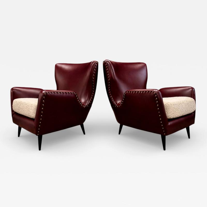Carlo Hauner Brazilian Armchairs in Hardwood Burgundy Leather Boucl by Carlo Hauner