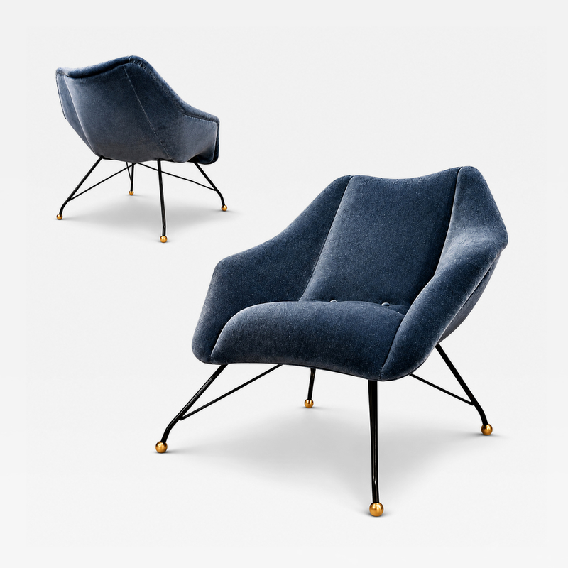 Carlo Hauner Brazilian Concha Armchairs in Iron and Dedars Blue Mohair Carlo Hauner