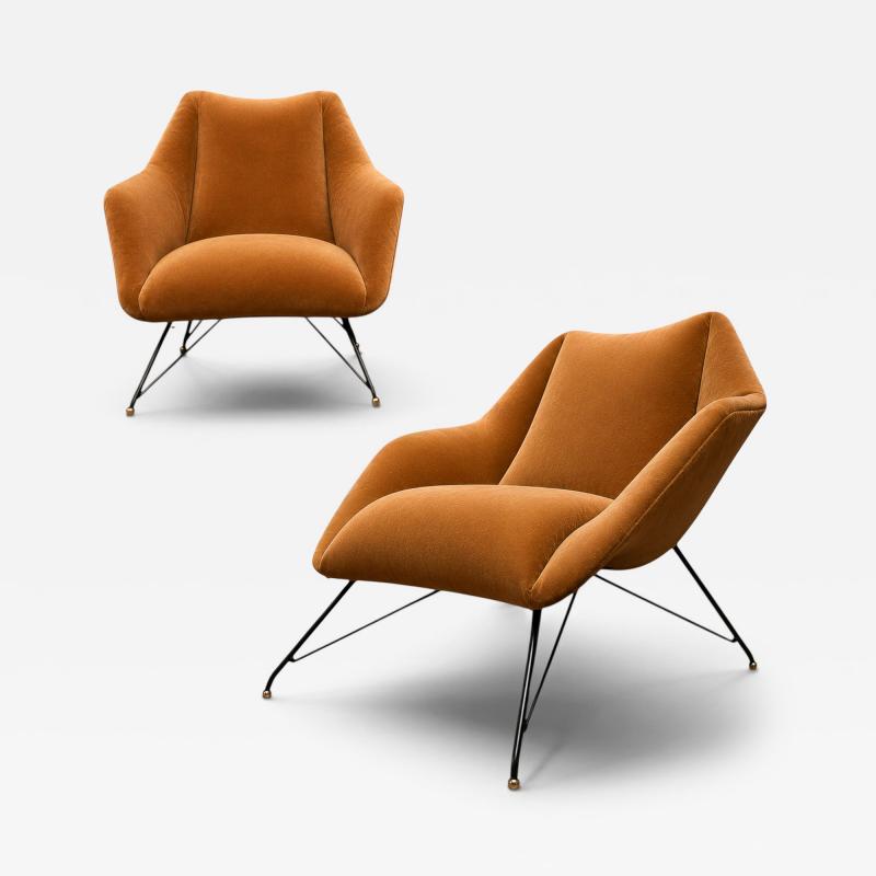 Carlo Hauner Brazilian Modern Concha Armchairs in Iron Burnt Caramel Mohair Carlo Hauner