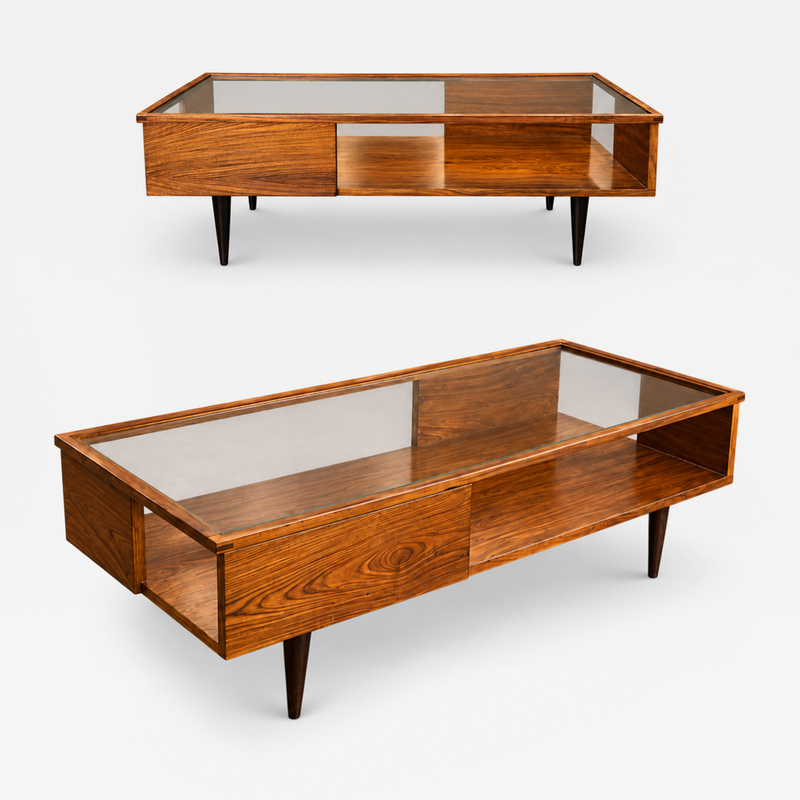 Carlo Hauner Caviuna Wood Glass Display Coffee Table Brazil 1950s