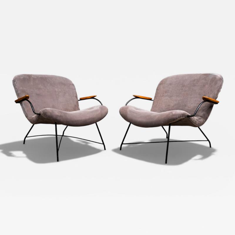 Carlo Hauner Pair of Armchairs Gray Fabric Rosewood Metal Carlo Hauner 1950s