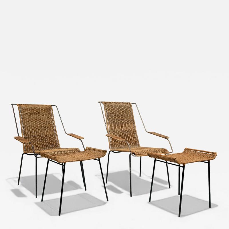Carlo Hauner Set of Two Armchairs with Stools in Cane Iron Carlo Hauner 1950s