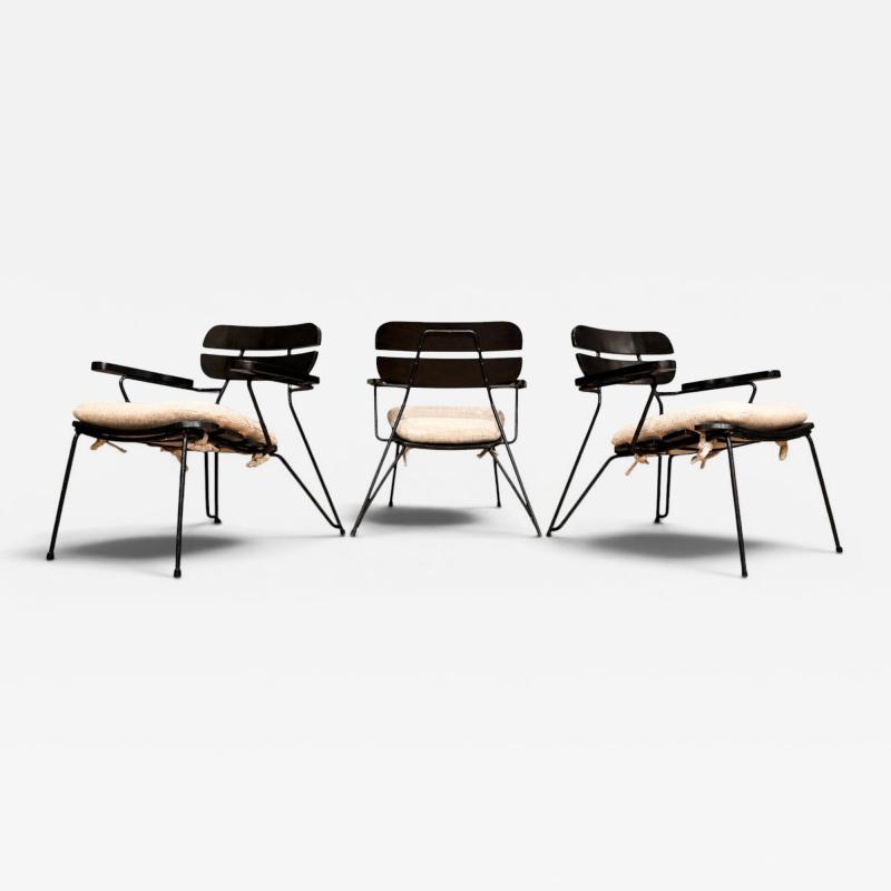 Carlo Hauner Three Armchairs in Ebonized Wood Metal with Loose Cushion Carlo Hauner
