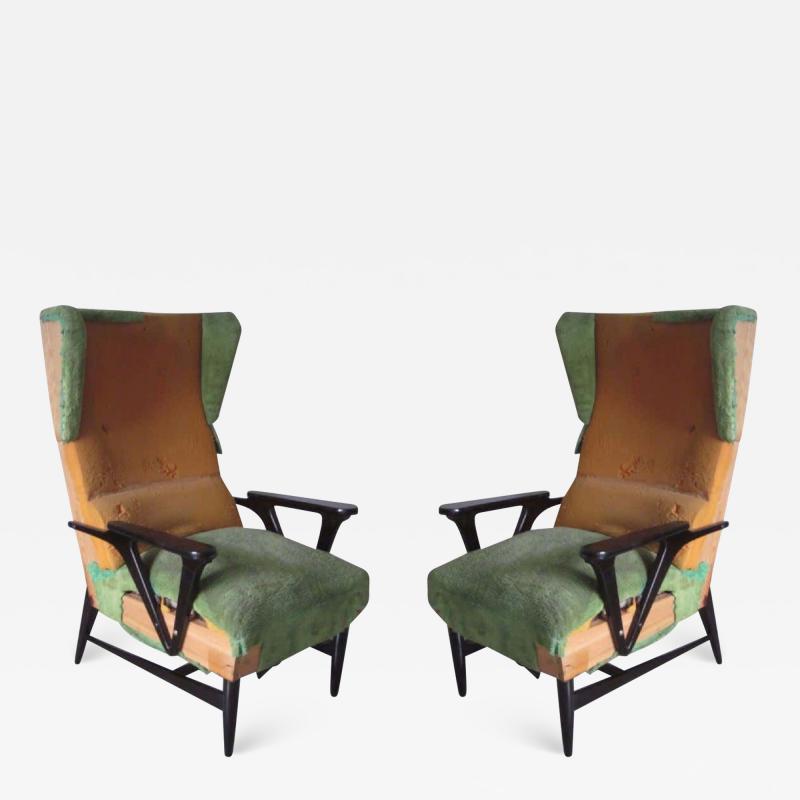 Carlo Mollino Pair of Large Italian Mid Century Modern Wing Back Lounge Chairs Carlo Mollino