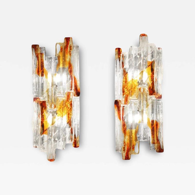 Carlo Nason Carlo Nason Pair of Amber and Clear Murano Ice Glass Sconces 1960s
