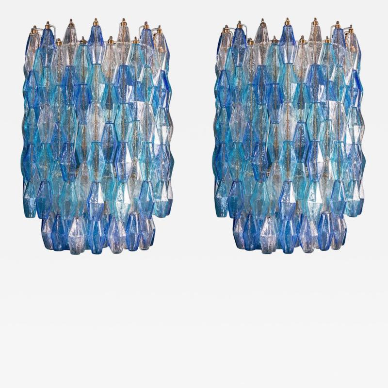 Carlo Scarpa Great Pair of Murano Glass Sapphire Colored Poliedri Chandelier Style C Scarpa