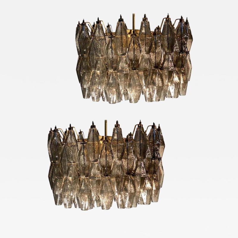 Carlo Scarpa Pair of Grey Poliedri Murano Glass Chandeliers in Carlo Scarpa Style