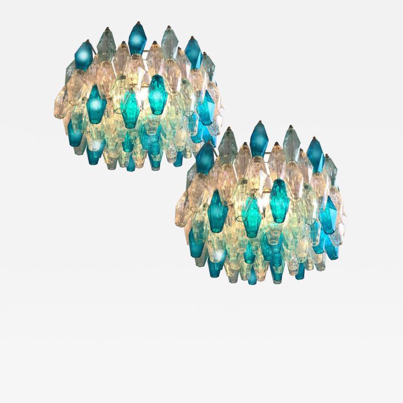 Carlo Scarpa Pair of Murano Glass Poliedri Colored Chandelier in the Style of Carlo Scarpa