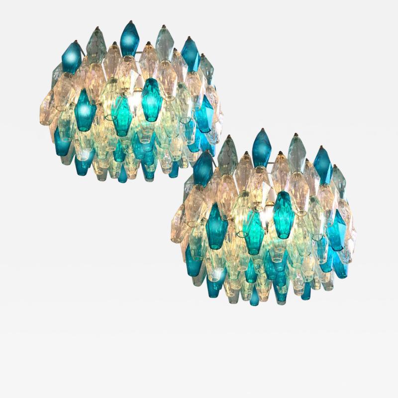 Carlo Scarpa Pair of Murano Glass Poliedri Colored Chandelier in the Style of Carlo Scarpa