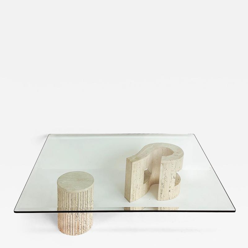 Carlo Scarpa Sculptural Travertine Post modern Question Mark Coffee Table Beveled Glass Top