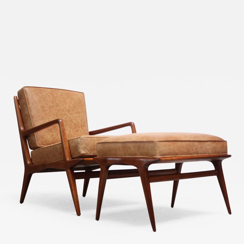 Carlo de Carli Italian Modern Carlo de Carli Lounge Chair and Ottoman in Walnut and Leather