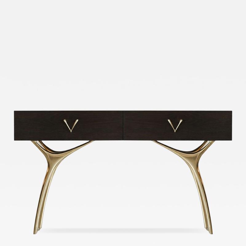 Carlos Solano Granda Crescent Console Table in Brass and Espresso Walnut by Stamford Modern