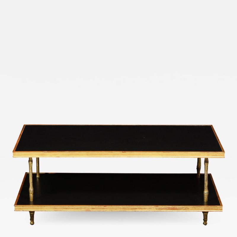 Carole Gratale Modernist Black Leather and Giltwood Two Tier Cocktail Table by Carole Gratale
