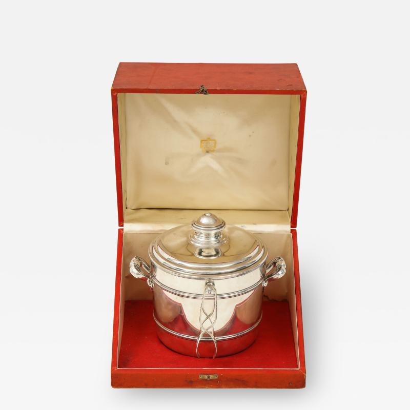 Cartier Sterling Silver Art Deco Ice Bucket with Ice Tongs and Original Box