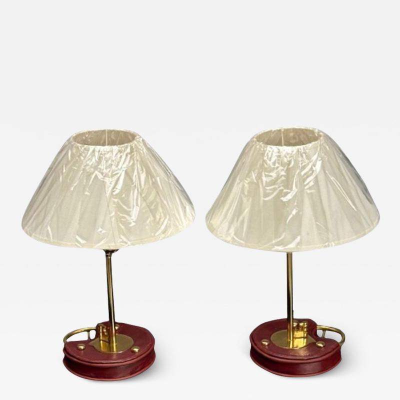 Cartier Style Modern Key Table Lamps Red Leather Brass Paper Shades
