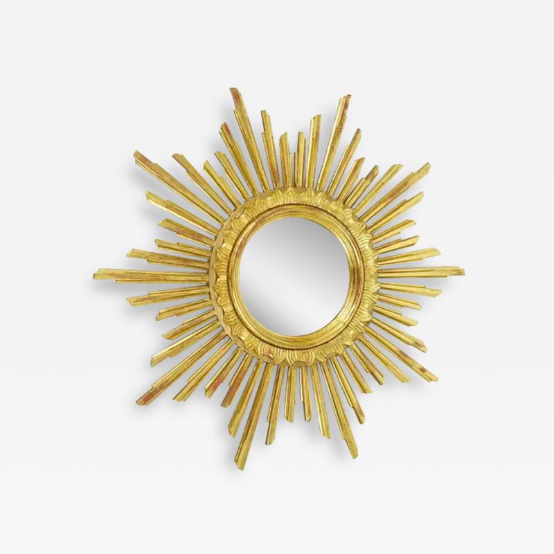 Carved Gilt Wood Sunburst Starburst Wall Mirror Hollywood Regency France 1960