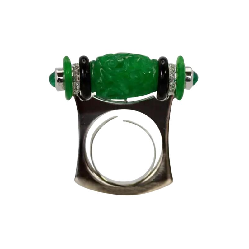 Carved Green Jade Black Onyx Cabochon Emerald Ring