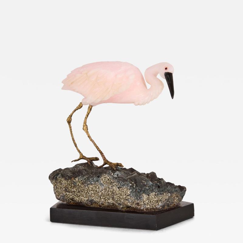 Carved Hardstone Egret in Rose Quartz and Hematite