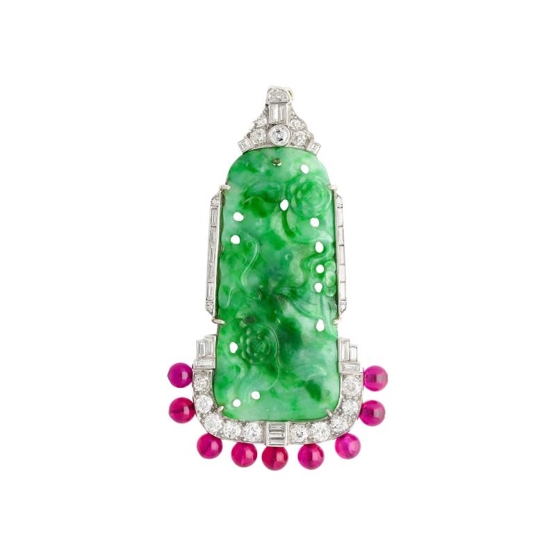 Carved Jadeite Jade Diamond Pin and Synthetic Dangling Ruby Bead Platinum Pin