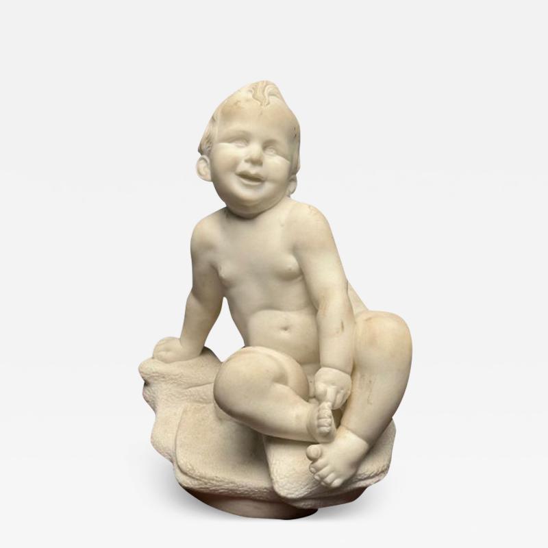 Carved Marble Figure of Seated Nude Child 19th Early 20th Century Statue