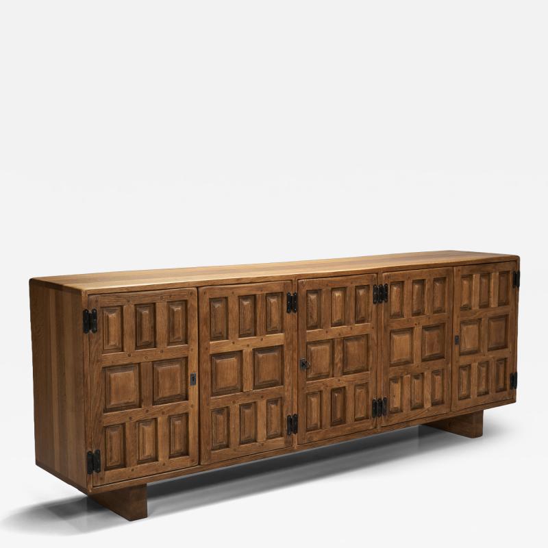 Carved Solid Wood Sideboard Cabinet with Panelled Doors Europe 1950s