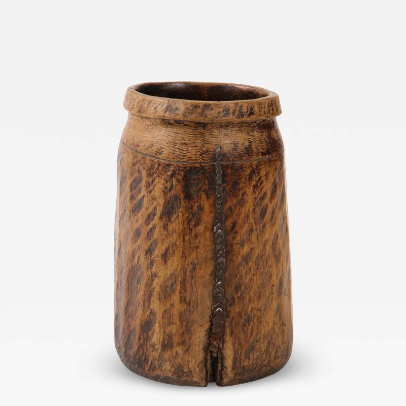 Carved Wood Seed Pot Wabi Sabi Handmade Iron Staples France c 1900