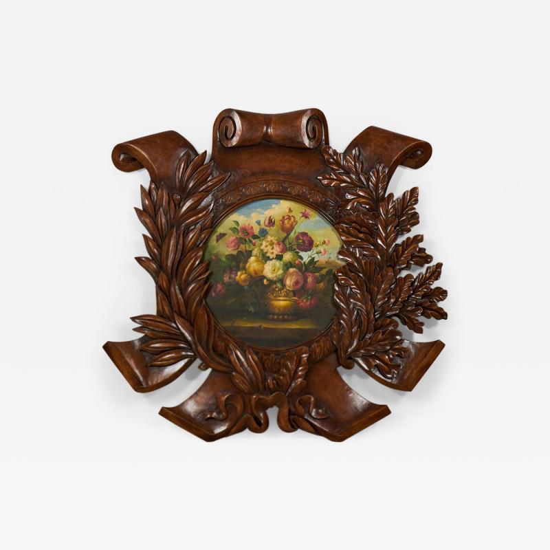 Carved Wooden Wall Plaque with Painted Floral Still Life Center