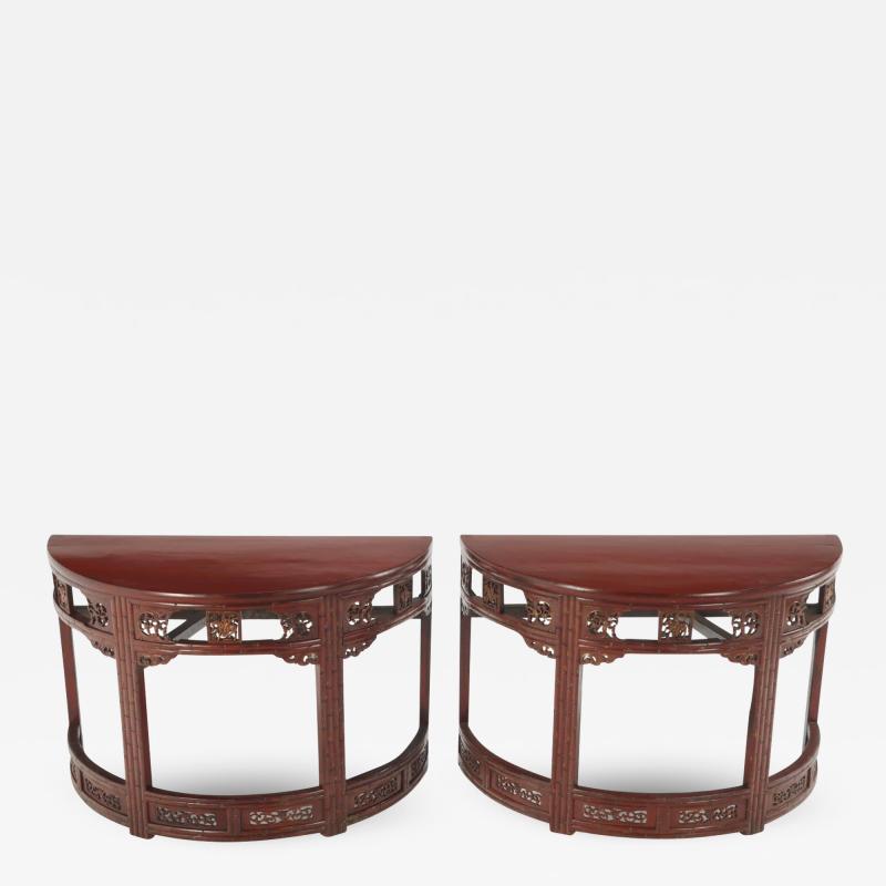 Carved demi lune Chinese console tables in red C 1880 