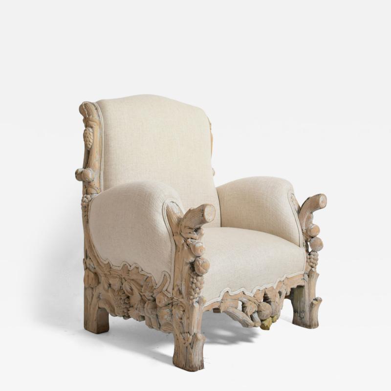 Carved limed oak fruits and foliage armchair 1970s 