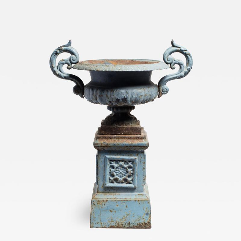 Cast Iron Urn on Plinth in Blue