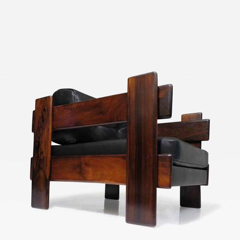 Casulo Brazilian Modern Rosewood Lounge Chair in Black Leather