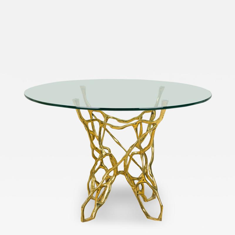Catarina Style Bronze Biomorphic Dining Table with Circular Glass Top