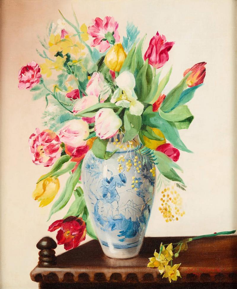 Cecil Kennedy Floral Still Life with Blue and White Vase by Cecil Kennedy