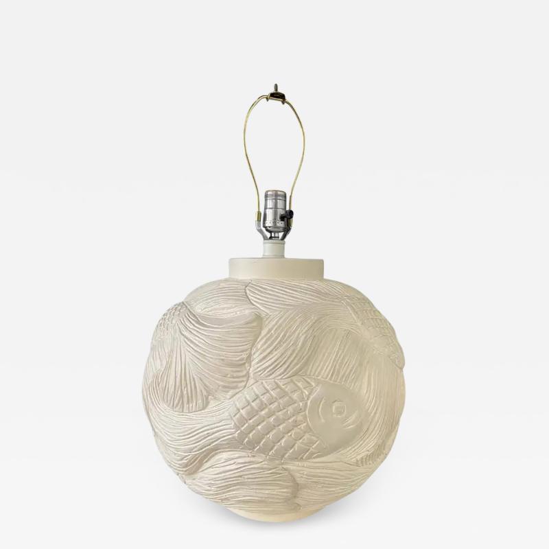 Ceramic Incised Bulbous Table Lamp with Japanese Swimming Fish Motif Mid Century