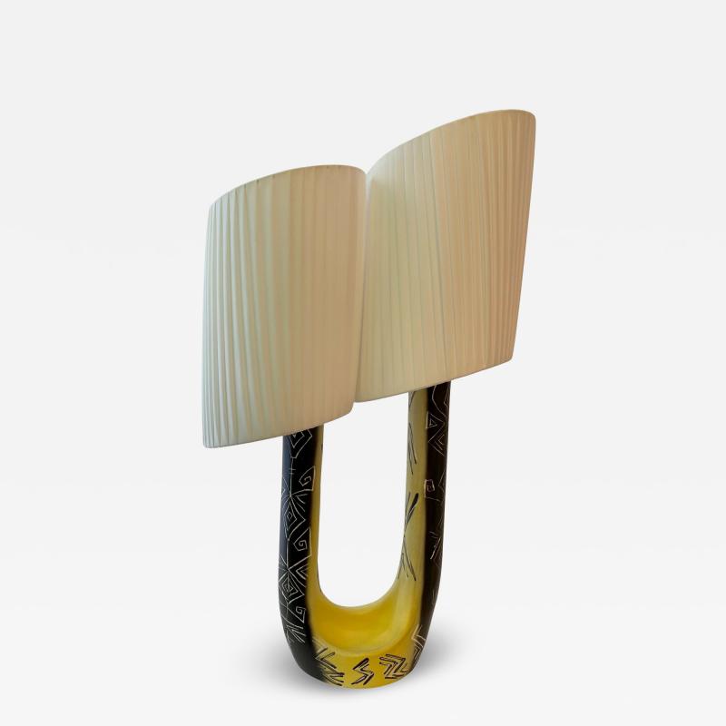 Ceramic lamp with double draped shade by F R H Ugo Vallauris circa 1955