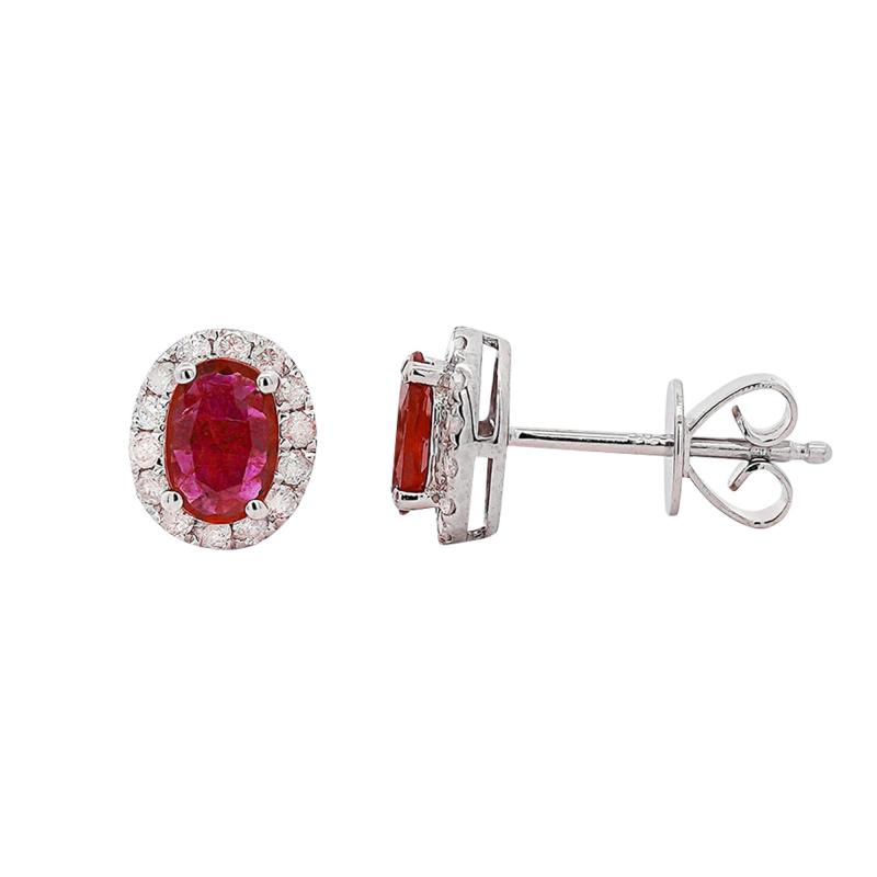 Certified 1 Carat Ruby Diamond Halo Stud Earring in 14K