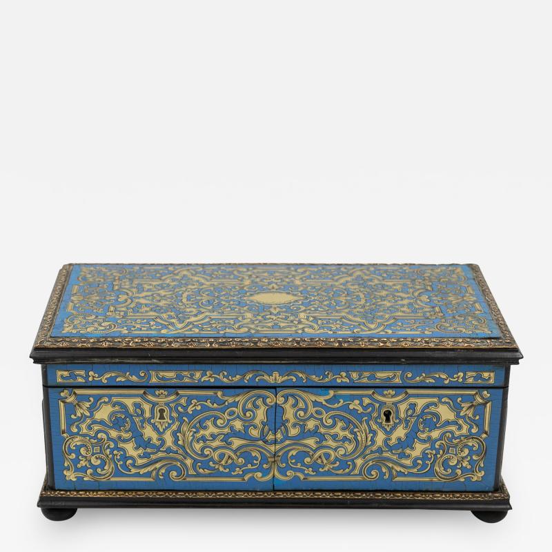 Cerulean Blue Enamel Boullework Box With Brass Inlay French Circa 1850 1860 