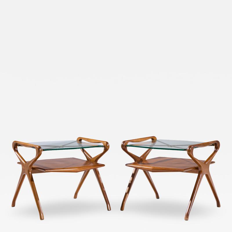 Cesare Lacca Cesare Lacca Style Mid Century Italian Walnut and Brass Side Tables Pair