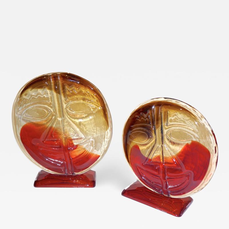 Cesare Toso Cesare Toso 1970s Pair of Abstract Art Red and Amber Murano Glass Round Faces