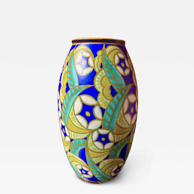 Charles Catteau Ceramic Vase by Charles Catteau with Art Deco Stylized Floral Pattern