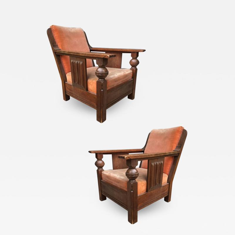 Charles Dudouyt Charles Dudouyit documented pair of rare carved oak lounge chairs