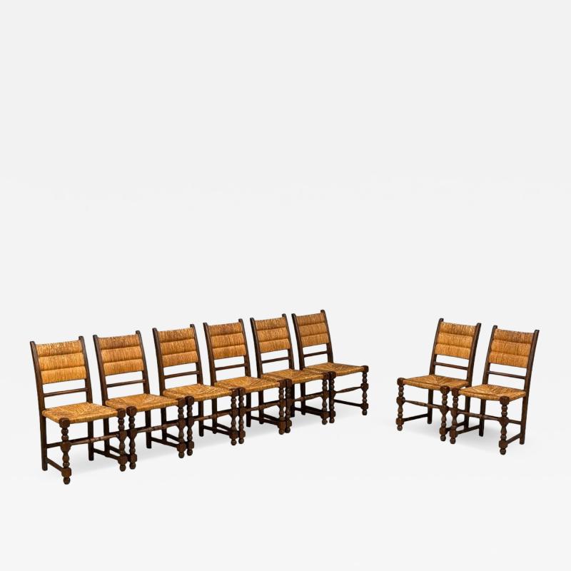 Charles Dudouyt Charles Dudouyt Style Eight Rustic Dining Chairs Oak Rush France 1940s