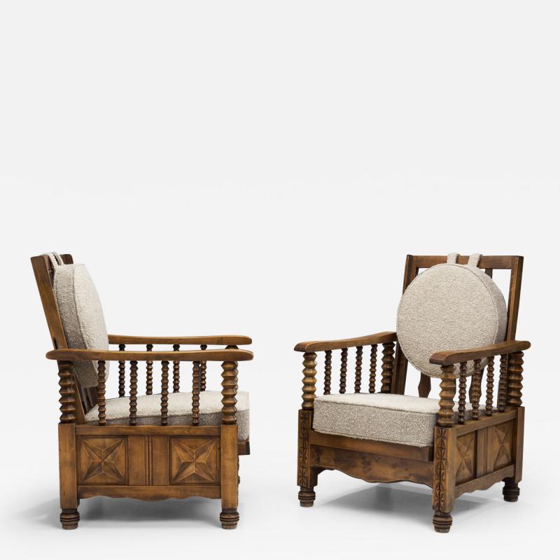 Charles Dudouyt Mid Century Turned Oak Armchairs in the style of Charles Dudouyt France 1950s