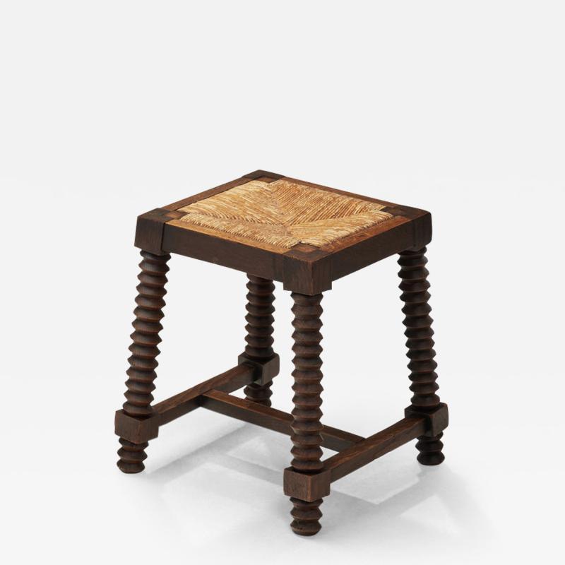 Charles Dudouyt Oak and Rush Stool in the manner of Charles Dudouyt France Early 20th Century