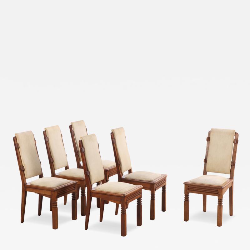 Charles Dudouyt Rare Set of Six French Oak Dining Chairs by Charles Dudouyt C 1940