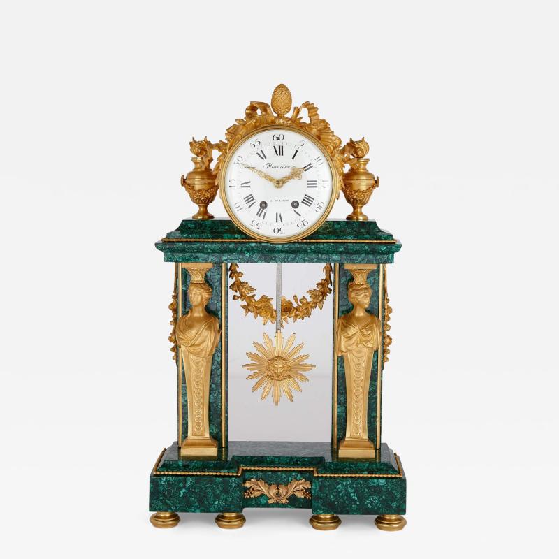 Charles Guillaume Mani re Rare and large ormolu mounted malachite mantel clock signed Mani re