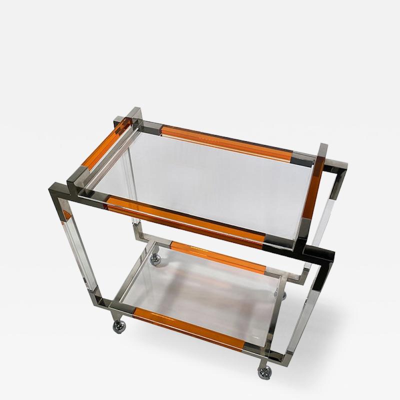 Charles Hollis Jones American Modern Orange Lucite Polished Nickel Bar Cart Charles Hollis Jones
